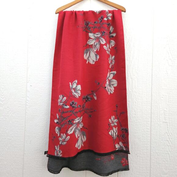 Saachi Scarf Wrap Shawl Red Gray Floral Botanical Reversible Fringe Artsy 75x25 - Picture 4 of 16